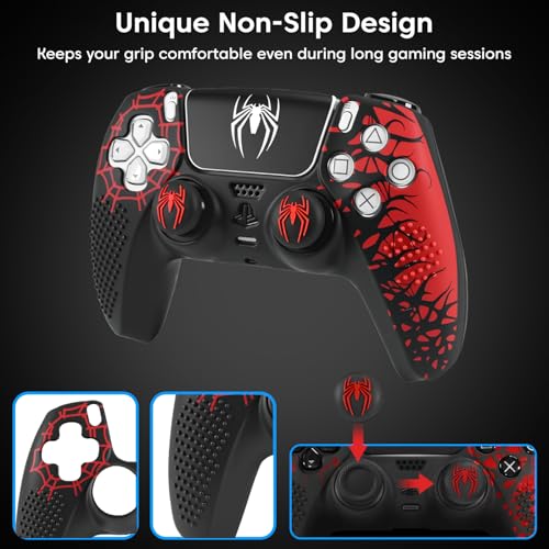 Image of Sounce Anti-Slip Silicone PS5 Controller Skin Cover - Non-Slip Protective Grip Sleeve with Thumb Grip Caps, Touch Pad Sticker & Wrap Cover Stickers for PlayStation 5 (Pack of 1, Red Skin Cover)