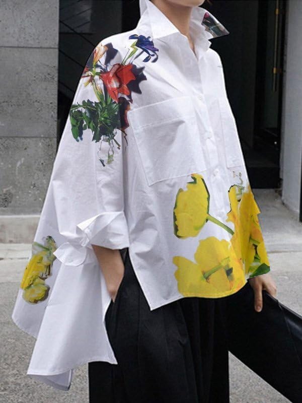 UOOZEE Women's Collar Long Sleeve Boyfriend Shirt Loose Oversized Business Casual High Low Tops Blouse - Image 2