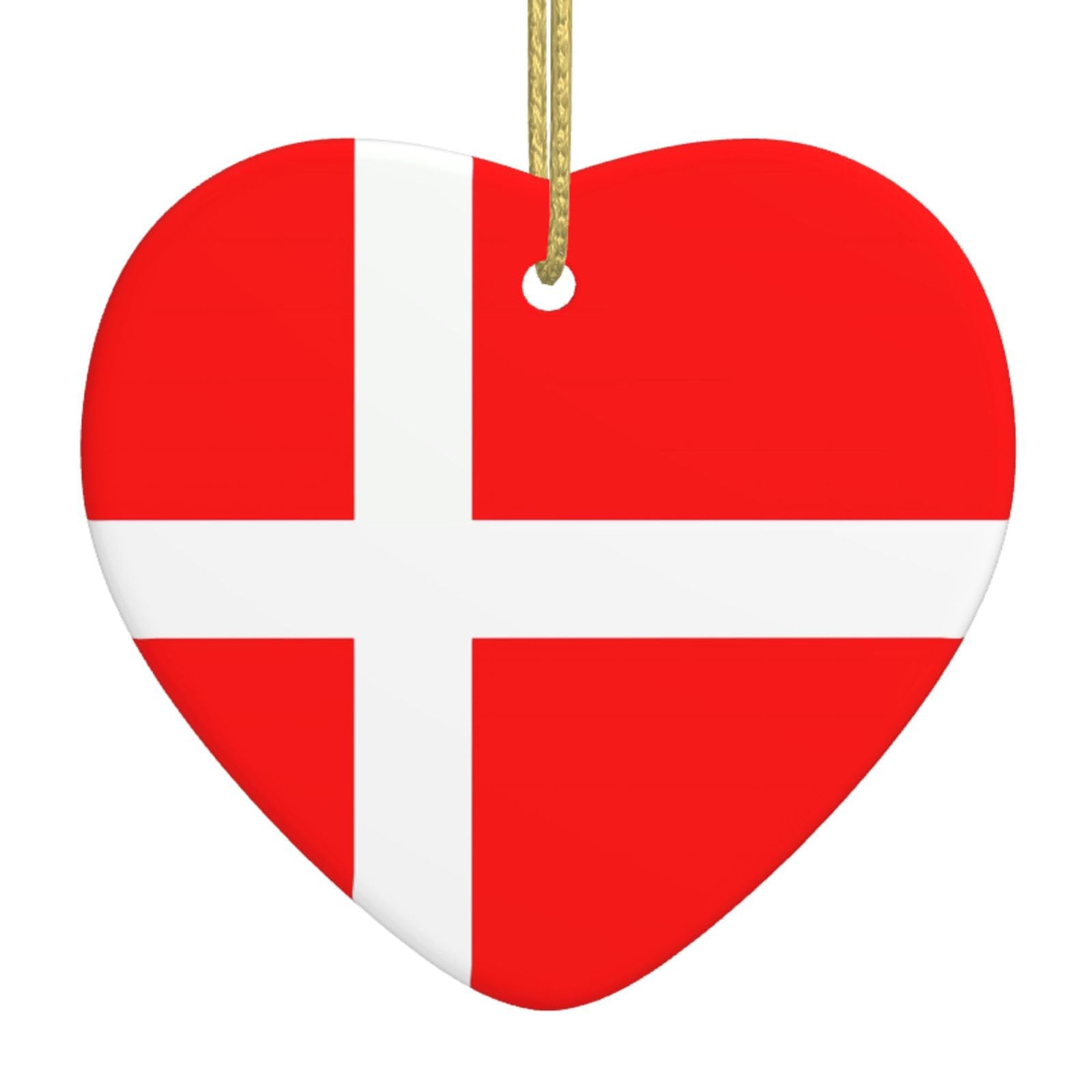 Denmark Danish Flag Ceramic Christmas Heart Pendant with Silk Thread, Christmas Tree Home Decoration