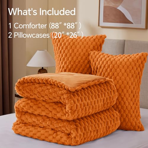 Image of BEDELITE Fluffy Queen Comforter Set - Burnt Orange Fleece Soft Comforter for Queen Size Bed, Luxury Warm Bedding Set for Winter, Fuzzy Bed Set 3 Pieces (1 Comforter, 2 Pillowcases)
