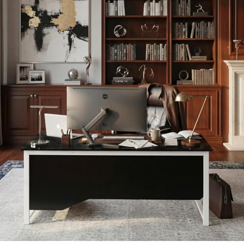 Image of Executive Director Desk | Office Table | Manager Cabin Work Desk with Modesty Panel & Cable Grommet | Sturdy Metal Frame | Black Top & White Base | DIY.