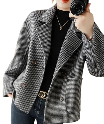 utcoco Womens Crooped Wool Coats Houndstooth Double Breasted Short Wool Pea Coat Cropped Blazer Jackets with Pocket