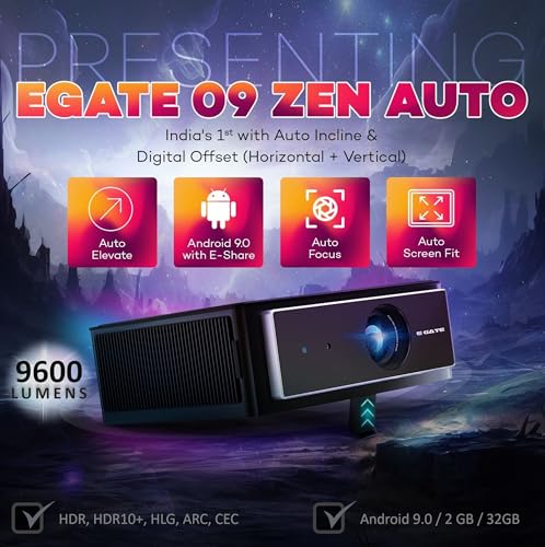 Image of EGate O9 Zen Dual OS Auto Lift Projector| 750 ANSI with FTS (Certified Netflix, Prime, Hotstar & More| Auto (Focus, Keystone, Fit), ARC HDMI+ Optical SPDIF| 1080p Native & 4k| 2GB /32GB (EO9025,Black)