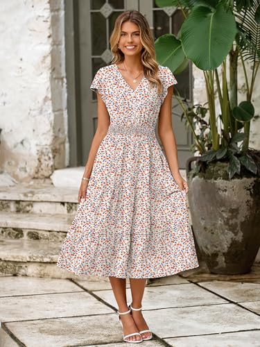 Image of BerryGo Women's Floral Boho Ruffle Summer Midi Dress Short Sleeve V Neck Empire Waist Swing Flowy Dress