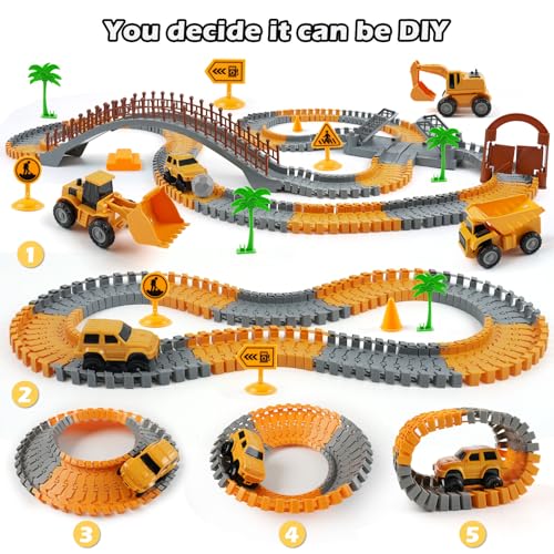 Image of Construction Race Car Track Set for Kids - Flexible Engineering Toys with 2 Electric Cars, Birthday Gift for 3 4 5 6 7 Year Old Boys, DIY Road Games Playset with 220+ PCS