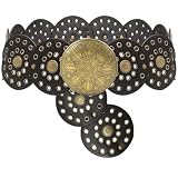 YUZHEDM Cinturón Ancho Mujer de Estilo Vaquero Occidental con Disco Metálico Grabado, Accesorio de Moda Retro Boho para Vestidos y Faldas, Fajín de Piel Sintética Ajustable (Negro-A)