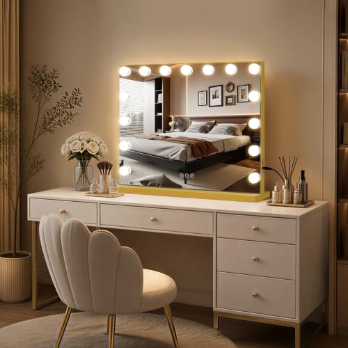 Image of Vanity Mirror with Lights Lighted Makeup Mirror with Dimmable LED Bulbs,3 Color Lighting Modes,USB Charging Port Touch Control,Sturdy Metal Frame Design (Gold, 22.8 * 18.9inch)
