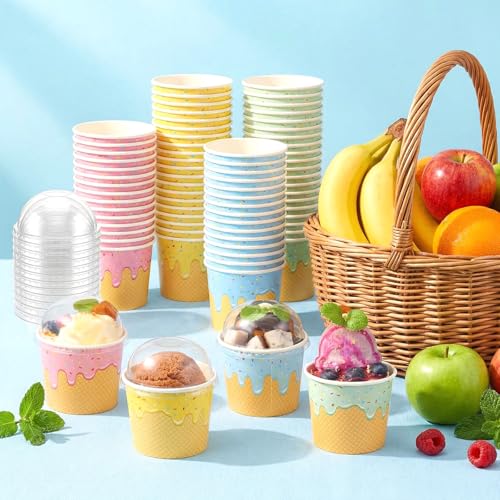 Image of Jingmore 100 Count Paper Ice Cream Cups with Clear Dome Lids Disposable Dessert Cups Bulk Dessert Bowls Sundae Containers for Snack Yogurt Soup Birthday Ice Cream Party Supplies (4 oz)