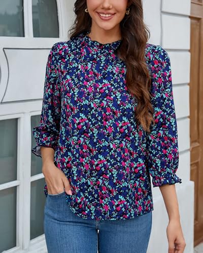 SimpleFun Womens Blouses 3/4 Sleeve Ruffle Neck Printed Business Casual Tops Flowy Dressy Work Shirts3
