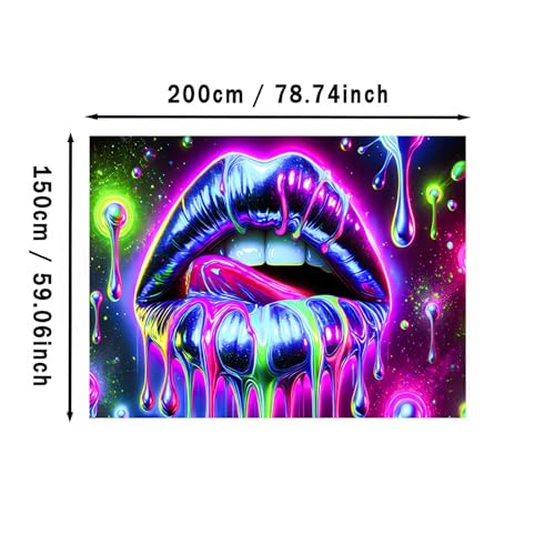 Image of BlissYard Neon Geometric Dripping Lips Tapestry 78x59 Inch - Blacklight UV Reactive Psychedelic Wall Hanging for Bedroom Living Room Party & Festival Decor