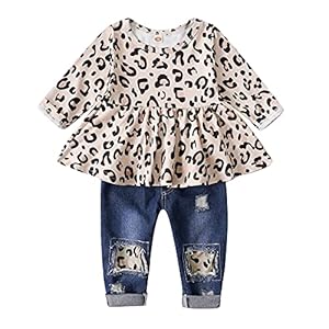 XUANHAO Infant Toddler Baby Girl Clothes Denim Jeans Outfits 2PCS Ruffle Floral Top + Ripped Denim Girls Pants Set 6M-4T