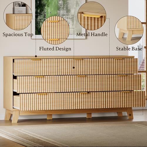 Image of BORNOON Fluted 9 Drawer Dresser, 57.1 inch Wide Modern Boho Chest of Drawers, Wooden Storage Dresser TV Stand for Bedroom, Living Room, Closet, Hallway, Curved Profile Design