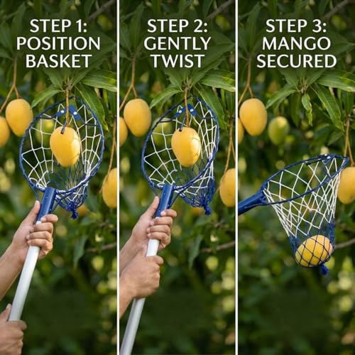 Image of ecofynd Fruit Picker Tool with Pole Attachment, Metal Frame & Nylon Net Basket for Mango, Apple, Lemon & Orange, Lightweight Fruit Harvester for Safe Fruit Picking from Trees, Garden & Farm(Dark Blue)