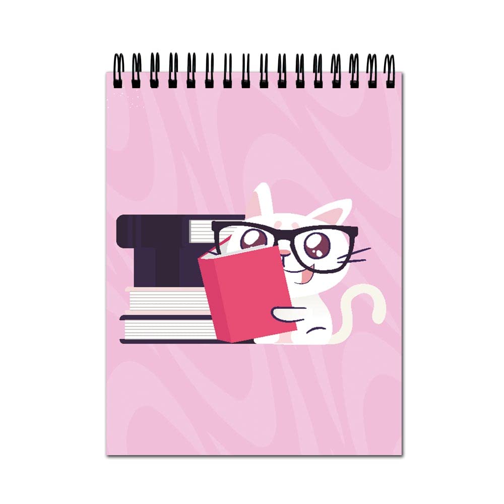 Vprint Nerd Bookwram cat Spiral Wiro Unruled Blank Pages Notebook Diary Journal Drawing Book - Black Paper A4 (Size 8x11)