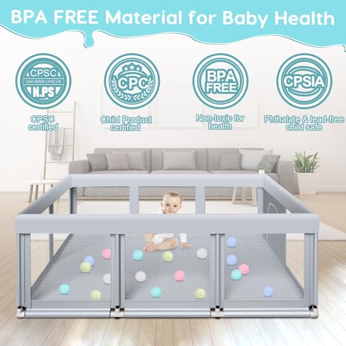 Image of Fshibila 74 inch x50 inch Large Baby Playpen, Baby Playard for Babies and Toddlers, PlayPen for Indoor & Outdoor, Sturdy Safety Play Yard with Soft Breathable Mesh, Anti-Fall, Ball x 18, Handle x 2, Grey