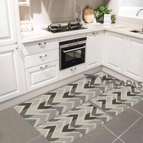 Tapete Cozinha Emborrachado Antiderrapente Kit 3 Peças Zig Zag Cinza