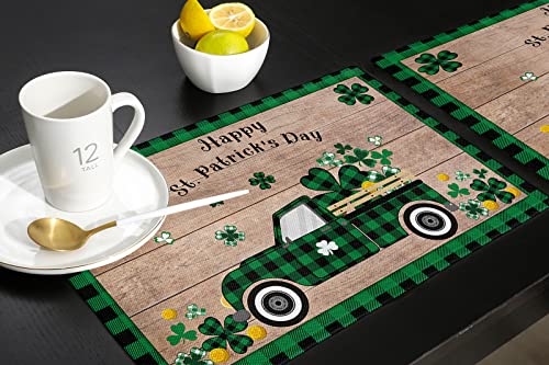 St. Patrick's Day Truck Placemats Set Of 6,Shamrocks Green Plaid Clovers Table Placemats Retro Wood Grain Place Mats Non Slip Washable Table Mats Set For Kitchen Dining Table,Holiday Party Decoration #TOP4