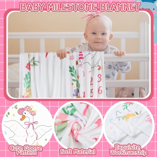 Image of Silly Goose Baby Milestone Blanket for Baby Girl, | Floral Flannel Blanket Newborn Infant Swaddle Baby Growth Blanket Photography Background with Wooden Signs,Frames,Heandband