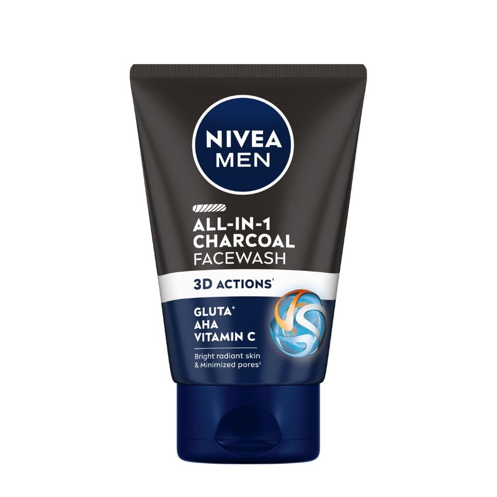 NIVEA Men Face Wash, All in 1 Charcoal, to Detoxify & Refresh Skin with 10x Vitamin C Effect, for All Skin Types, 100 g