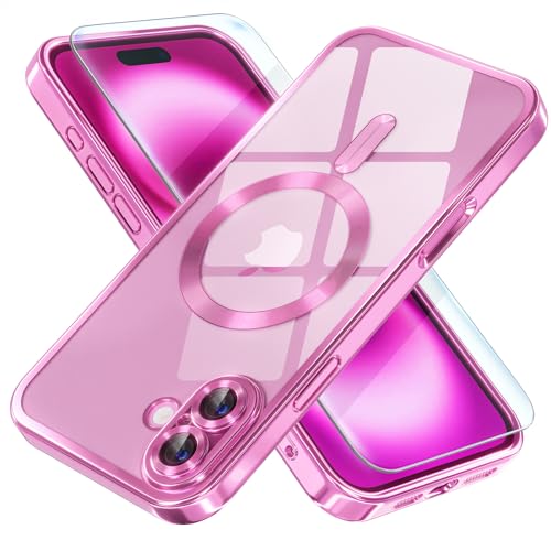 Image of Misea Magnetic for iPhone 16 Plus Case Compatible with MagSafe Hot Pink | [Never Yellowing] [Military Drop Protection] Full Camera Lens Protector Plating Soft Clear Phone Case for Women, Hot Pink