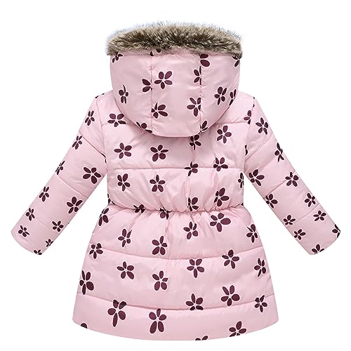 Girl Winter Dress Coats Hooded Fleece Jacket Warm Outwear with Printing 𝗪aterproof Heavy Parka Hooded (Pink, 4-5 Years)2