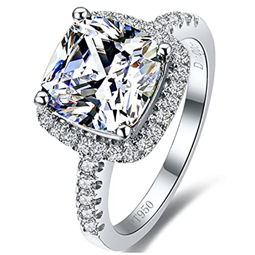 18K White Gold Plated 3CT Zircon Cushion Halo Diamond Engagement Ring for Women Sterling Silver Jewelry (5.5)