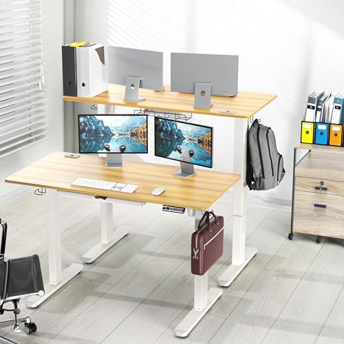 Image of SHW 48-Inch Electric Height Adjustable Standing Desk with Drawer, Memory Preset and Cable Management Tray, Oak