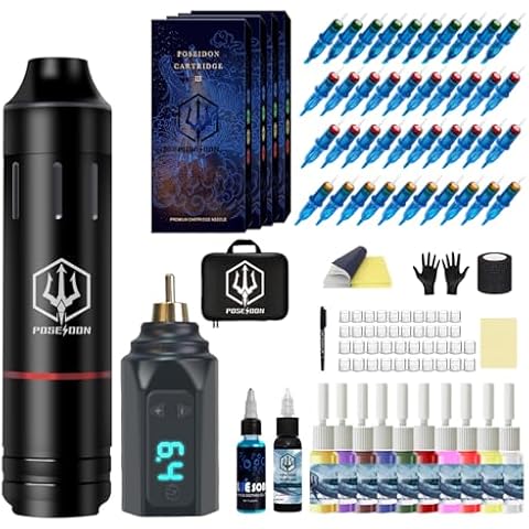 Poseidon Tattoo Pen Kit Wireless Tattoo Machine Kit, Tattoo Gun Kit with Tattoo Power Supply and 40 Pcs Tattoo Cartridge Needles, Complete Tattoo Kit Tattoo Supplies for Artists（PTK031） Cover