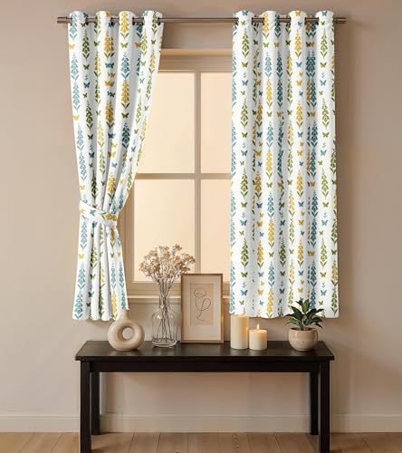 Image of Ultimate Trends Room Darkening Digital Printed Floral Geomatrical Prints Curtain 65-70% Opacity,Diamond Eyelets, Tie Back, Floral Geomatrical, 6 FEET Pack of 2,White with Teal