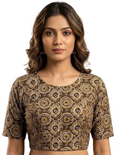 Image of Yash Gallery Women's Ethnic Printed Cotton Crop Blouse Top with Both Side Bobbin Elastic | Traditional Short Sleeve Ajrakh Patterned Boho Ethnic Wear | Casual & Festive Fashion Blouse for Women