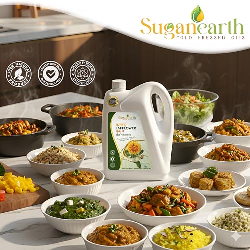 Image of Sugan Earth safflower oil cold pressed 4.5 litre for cooking, 100% Pure, Natural | Wood Pressed Kardai Tel Kusum Oil | Rich in Omega-6 | Single Filtered | Heart-Healthy & Nutrient Rich | Chemical-Free & Unrefined | Suitable for Cooking & Skincare