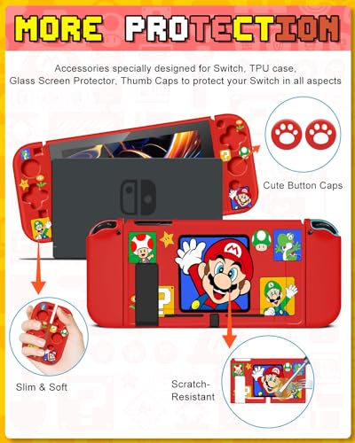 Koecya for Nintendo Switch 9 in 1 Storage Accessories Kit with Travel Carrying Case+Switch Protective Cover+Game Case Holder+Strap+Sticker+2 Shells+2 Thumb Caps Cute for Boys Kids Girls -Red - Image 4