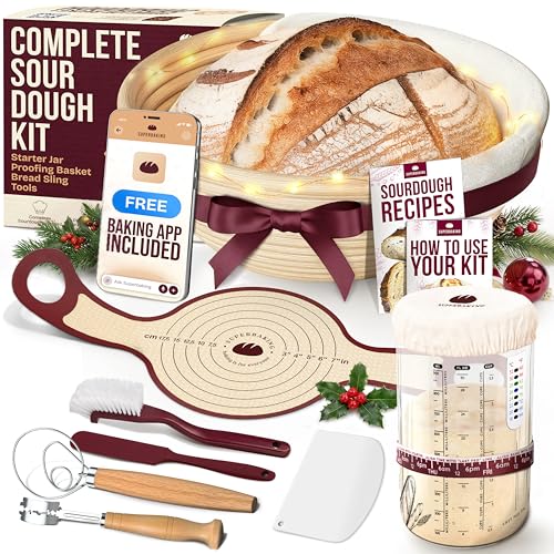 Image of Superbaking Sourdough Starter Kit, 9" Splinter-Free Banneton Bread Proofing Basket Set with Non-Stick Silicone Dough Sling & Glass Starter Jar Kit, Sourdough Bread Baking Supplies, Sourdough Tools