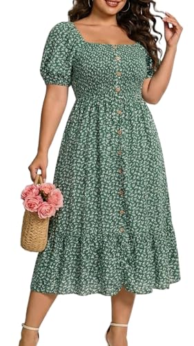 Plus Size Summer Boho Dresses Green Ditsy Floral Spring Beach Midi Flowy...