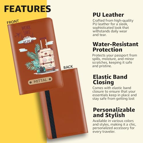 Mekhush Personalized Printed Leather Passport Cover with Customised Name | Printed Travel Quote on Passport Holder (Design 03, Tan) 4 51Ar
