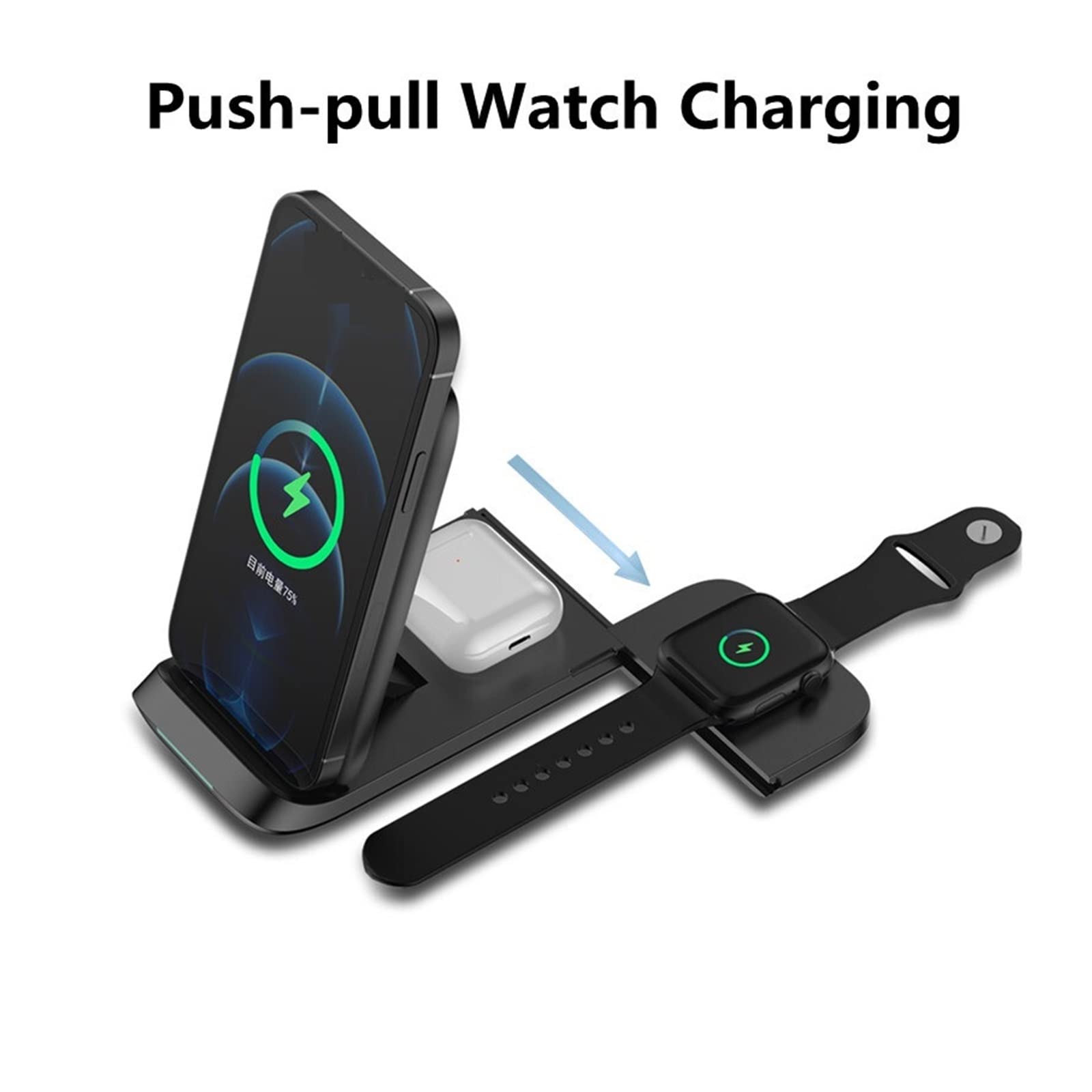 Ładowarka bezprzewodowa, Ładowarka bezprzewodowa 30 W 3 w 1 Podstawka do ładowania indukcyjnego Podkładka do stacji szybkiego ładowania telefonu Zegarek(Black with plug)
