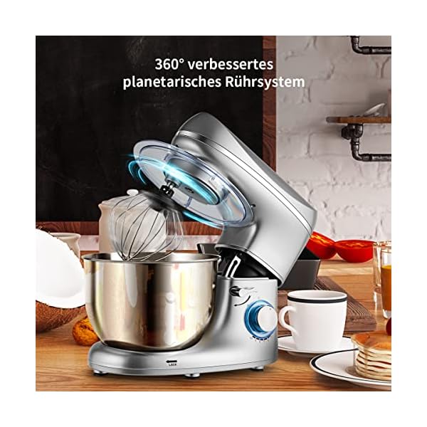 RELAX4LIFE 1300W Standmixer aus Edelstahl, Küchenmaschine mit Schneebesen & Knethaken & Teighaken & Spritzschutzdeckel, Rührgerät 10 Geschwindigkeiten, Rührmaschine mit 5,5 L Rührschüssel (Silber) – Bild 8