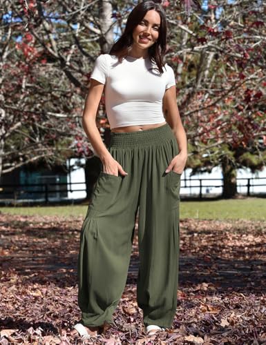 Image of TARSE Women's Linen Wide Leg Pants Baggy High Waist Palazzo Pants | Barrel Leg Fit, Harem Patch Pockets, Loose Casual Style, Breathable Fabric, Vacation Ready