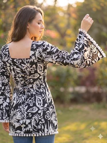 Image of Women's Premium Viscose Rayon Floral Printed Short Kurti | Stylish Bell Sleeves with Pom-Pom Lace | Tunic Top for Jeans & Office Wear