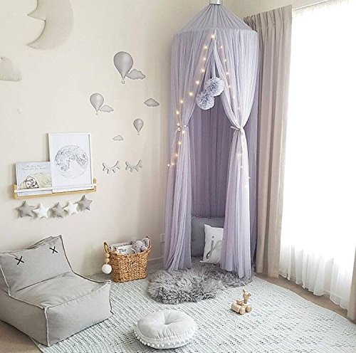 Koomiao Bed Canopy for Children, Princess Mesh Gauze Mosquito Net with 4M Star Flag for Playing Games House Reading Tent Room Decoration for Baby (Purple)