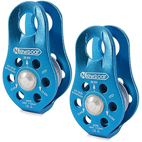 NewDoar Fixed Plate Micro Pulley,26KN CE Certified General Purpose Small Aluminum Rope Pulleys for Climbing/Aloft Work/Rappelling/Rescue Etc(26KN Blue 2pcs) Cover