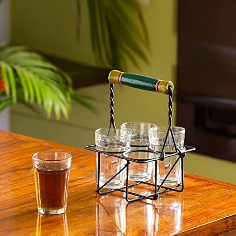 ExclusiveLane 'The Railway Nostalgia' Tea Glasses with Iron Holder (Set of 4, 120 ML) - Cutting Chai Glasses with Stand Indian Style Tea Glass Tea Cup Handpainted Iron Carrier Stand Organizer Cover