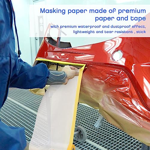 Image of Seajan 9 Roll Painters Plastic with Tape Pre Taped Masking Film for Painting Automotive Paint Adhesive Protective Film Masking Tape Roll Plastic Painting Covering (White,5 x 65 Ft)