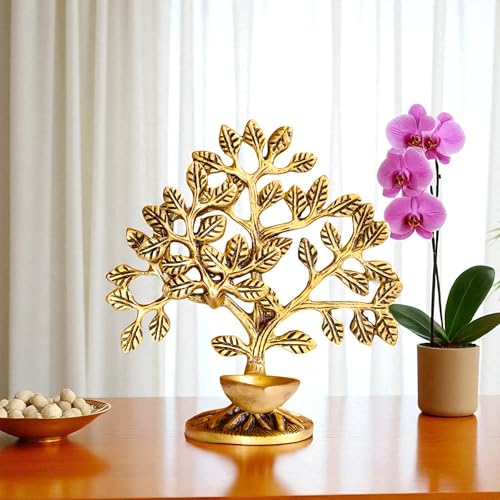 Image of Brass Kalpavriksha Tree with Diya in Antique Brass Finish | Tree of Life Showpiece for Home Decor, Feng Shui | Good Luck Gift for Office, House Warming, Temple | H : 5.75 in, W : 480 Grams