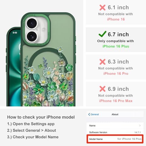 Image of Magnetic for iPhone 16 Plus Case with for Women, Green Floral | Pretty Oil Painting Flower Pattern Design [Compatible with MagSafe] Shockproof Slim Translucent Matte Non-Slip Cover