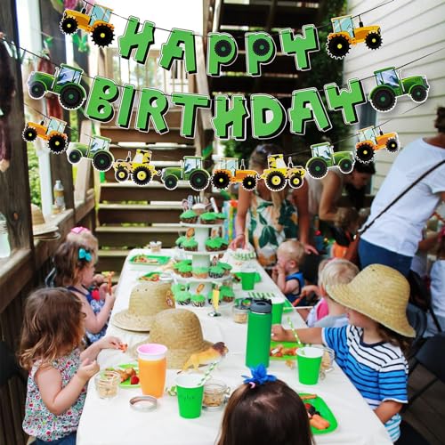 Image of SUNBEAUTY Green Tractor Happy Birthday Banner Set with Tractor Garland Banner for Tractor Farm Themed Birthday Party Supplies Decorations | Pre-Strung