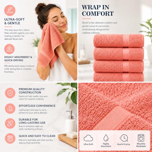 Image of Sulfar 100% Combed Cotton, Quick Drying Highly Absorbent, Luxury Hand Towel Set (Pack of 4, 40 X 70 cm) Coral Pink