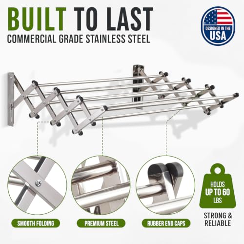 Image of Smartsome Wall Mounted Clothes Drying Rack | Adjustable to Fit Your Space | 20 Linear Feet Drying Capacity | 8 Stainless Steel Rods | 60 lb Capacity | Fully Assembled | Compact Space-Saving Design
