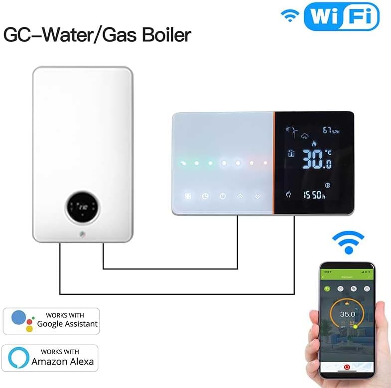 Diagram illustrating the connection of the LEDLUX LL0253B thermostat to a gas boiler, showing the Wi-Fi symbol and smartphone control.