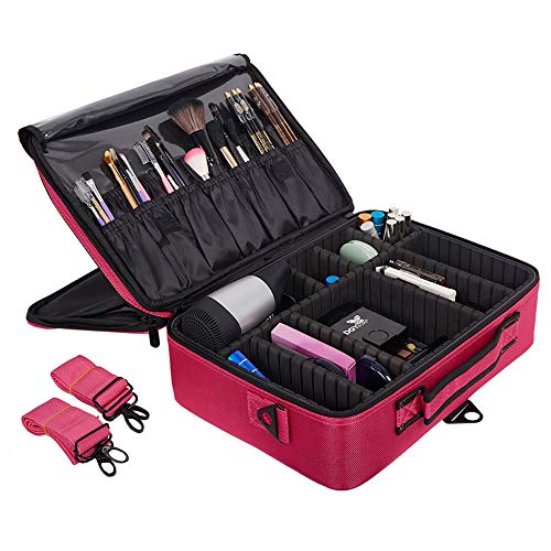 KARMAS PRODUCT Middle Size 2 Layer Backpack Cosmetic Organizer Bag Portable Mini Makeup Train Case,Suitable Cosmetics Makeup Brushes Toiletry Travel Accessories,Black Pink